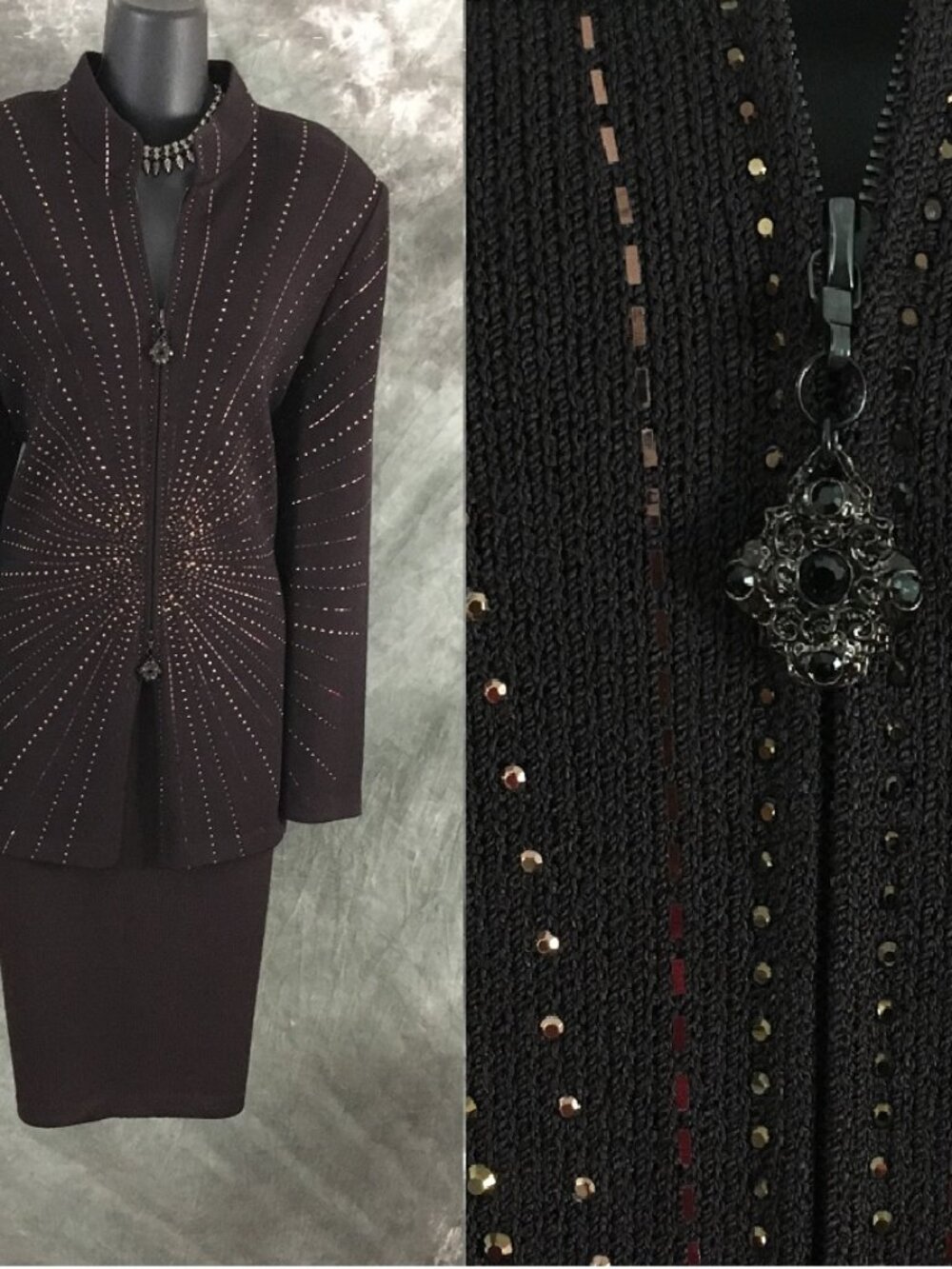 BEAUTIFUL St John evening knit brown rhinestone embellished skirt suit 10